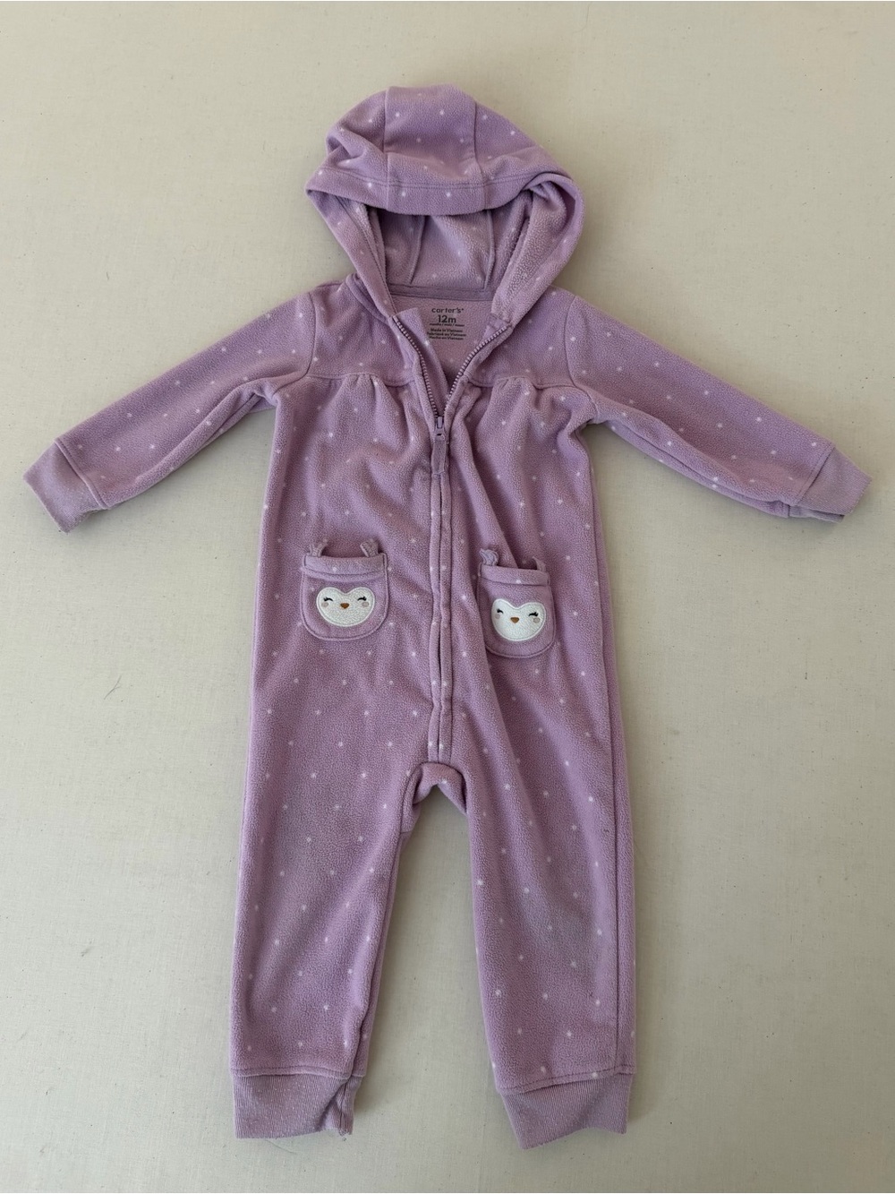 Carter's Lavender Hooded Fleece One-Piece with Owl Pockets